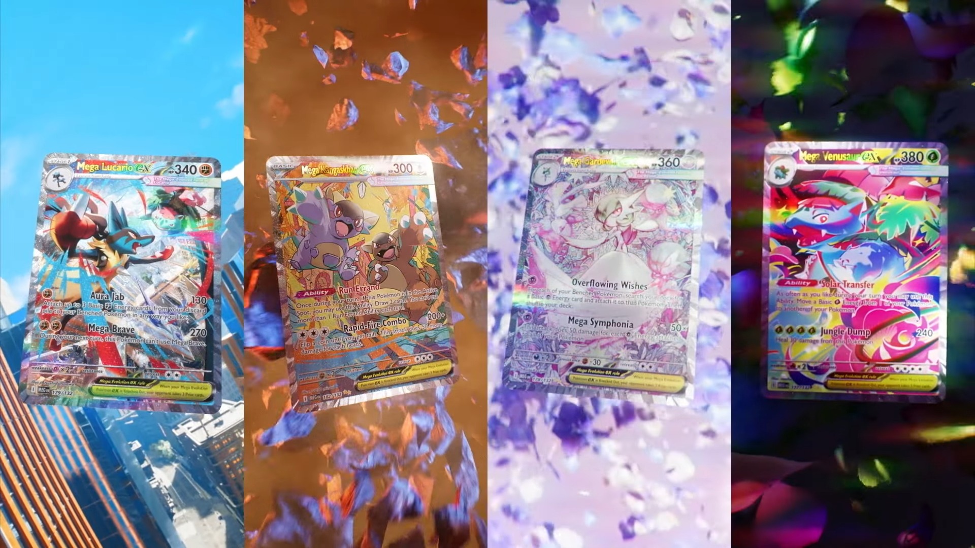 Four Mega Evolution cards placed side by side: Mega Lucario, Mega Kangaskhan, Mega Gardevoir, and Mega Venusaur