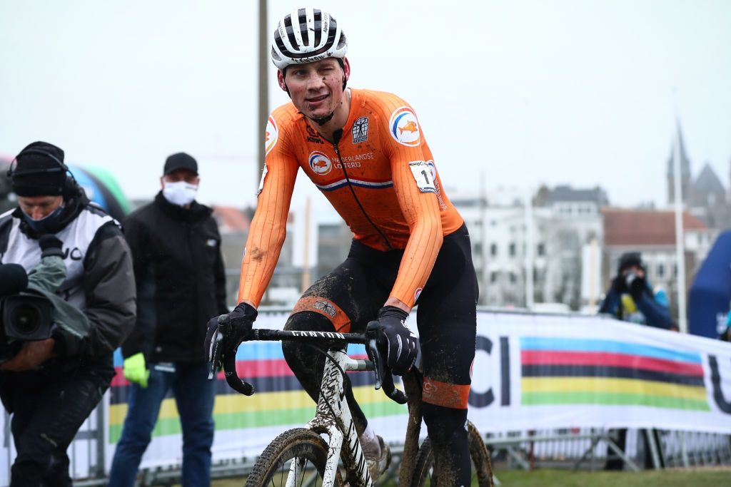 Dutch Mathieu Van Der Poel after winning the mens elite race at the UCI Cyclocross World Championships in Oostende Belgium Sunday 31 January 2021 BELGA PHOTO POOL Photo by POOLBELGA MAGAFP via Getty Images