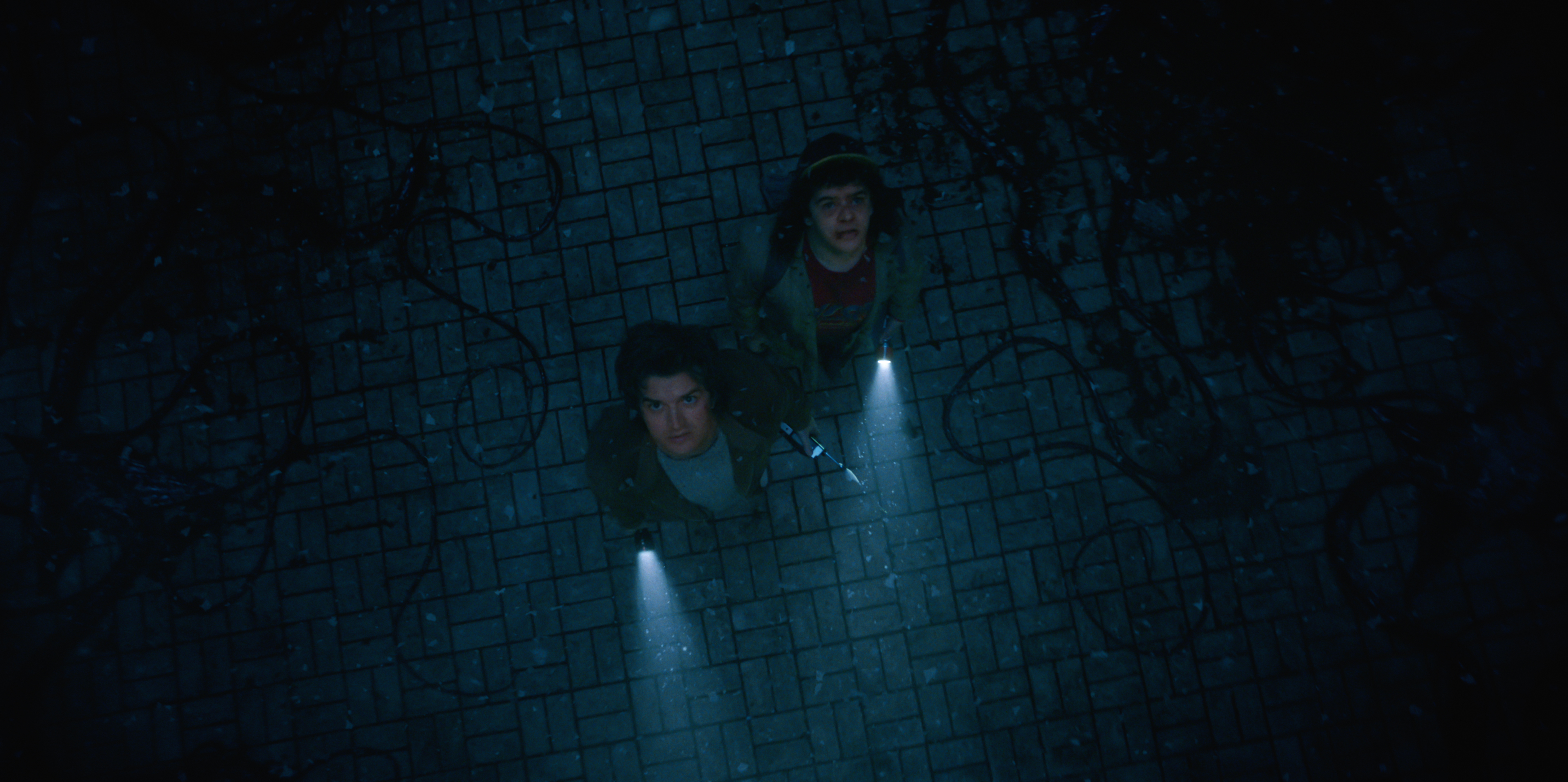 joe keery as steve harrington and gaten matarazzo as dustin holding flashlights in the dark and looking up in stranger things season 5