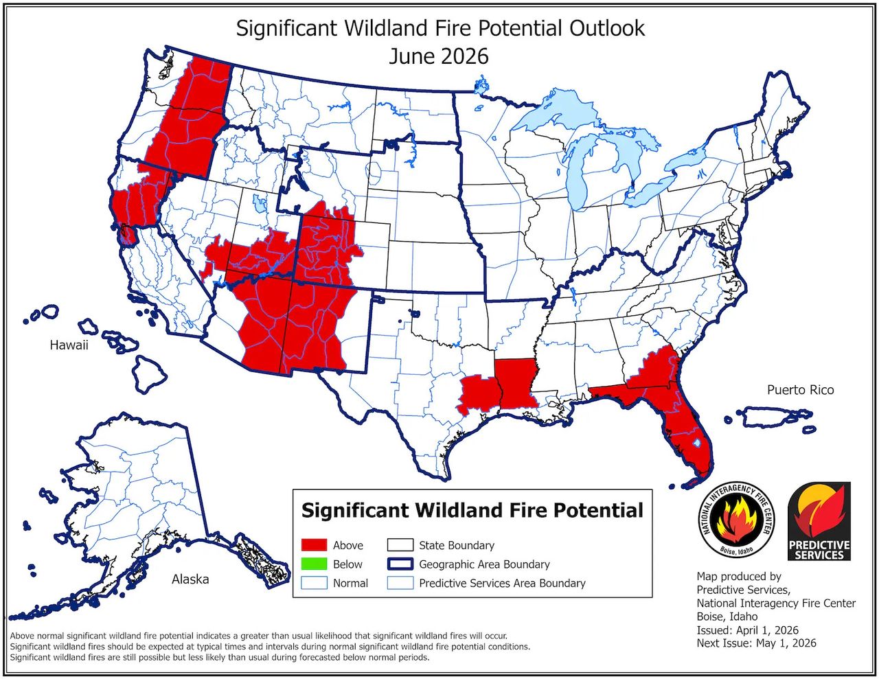 A map of the continental US in white, with red areas showing increased fire concern.