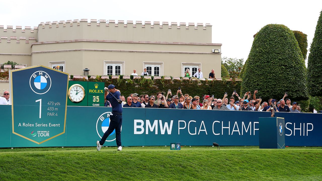 Rory McIlroy takes a tee shot at the 2023 BMW PGA Championship