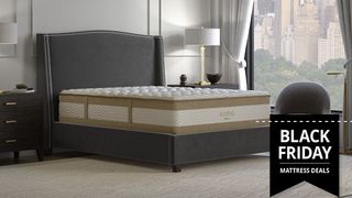 The Saatva Rx mattress on a grey bed frame in a luxury bedroom with a black friday mattress sales tag overlaid in black