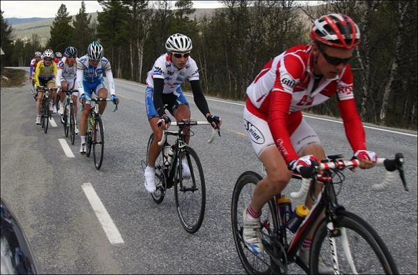 Sergey Firsanov (Team Designa Kokken - Blue Water), wearing the mountain classification jersey, was part of the early break.