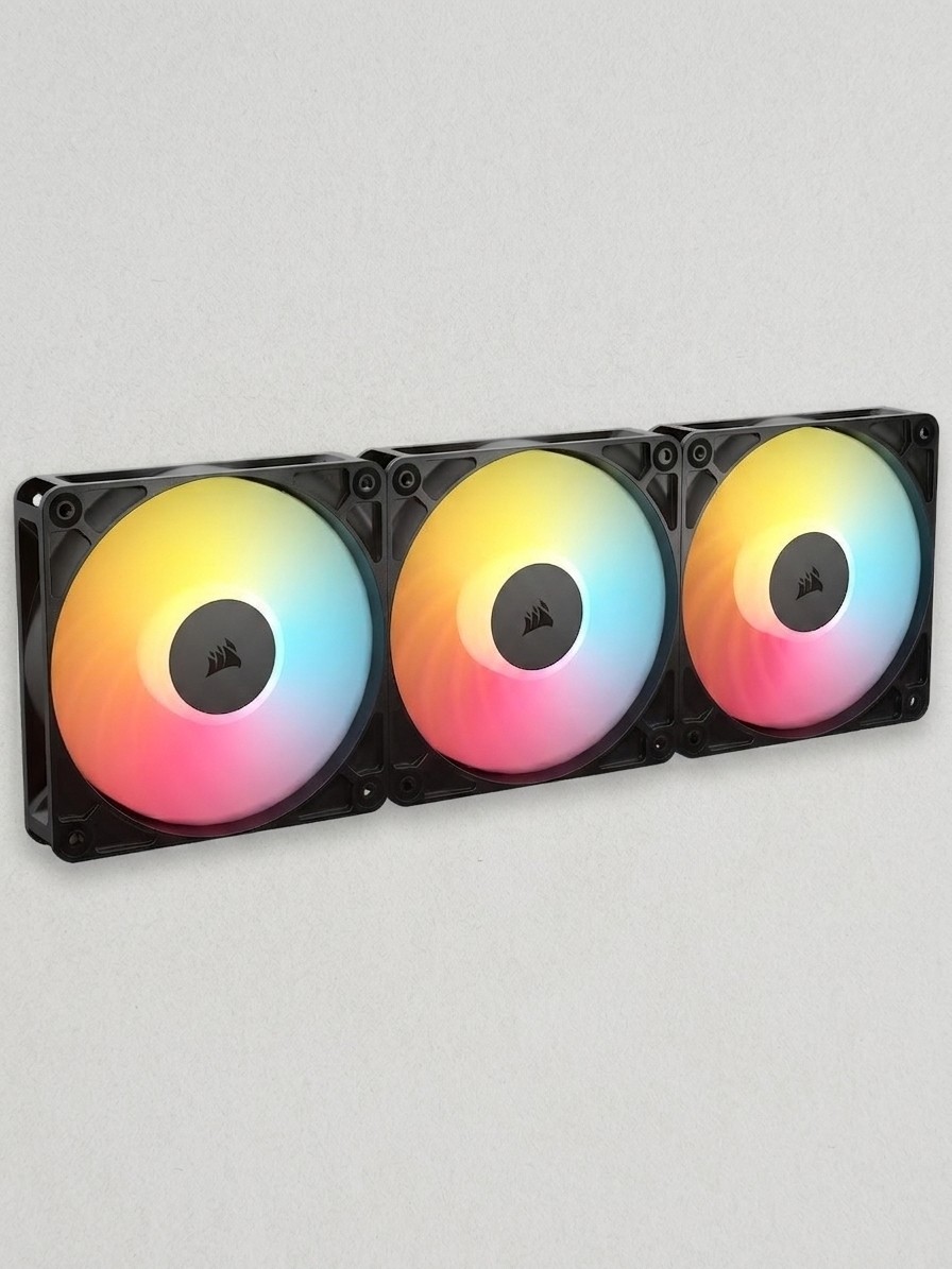 Three Corsair RS12-R reverse fans on a grey background