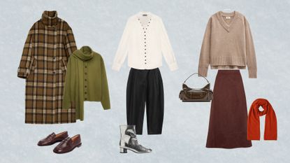A flat lay of various clothing items that make up a winter capsule wardrobe