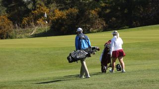 Golfers walking on fairway