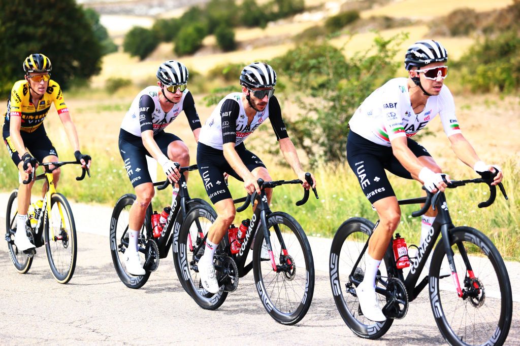 BURGOS SPAIN AUGUST 15 Adam Yates of Great Britain and UAE Team Emirates competes during the 45th Vuelta a Burgos 2023 Stage 1 a 161km stage from Villalba de Duero to Burgos on August 15 2023 in Burgos Spain Photo by Gonzalo Arroyo MorenoGetty Images