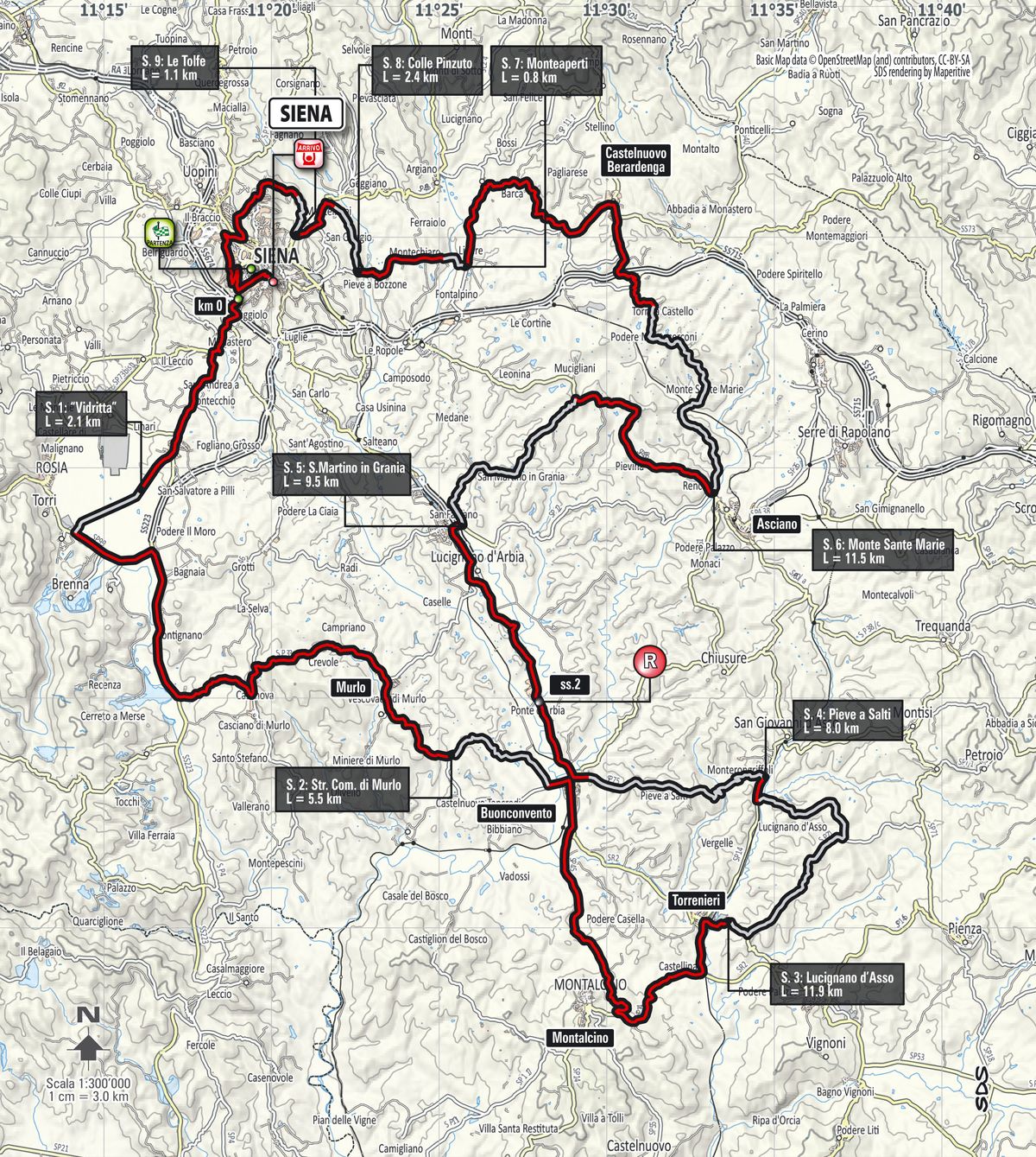 The map of the 2016 men's Strade Bianche race