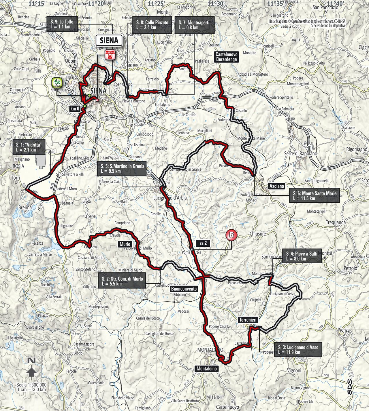 The map of the 2016 men's Strade Bianche race