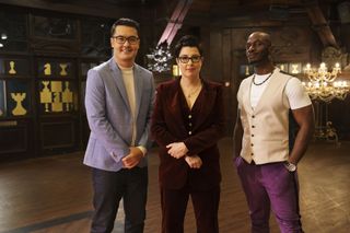 Host Sue Perkins with her two chess experts David Howell and Anthony Mathrin.