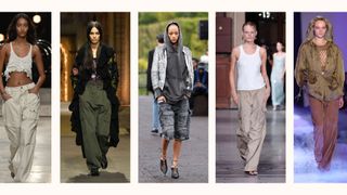 models wearing cargo pocket clothes on runway for Isabel Marant, Givenchy, Dior, Coperni, Alberta Ferretti