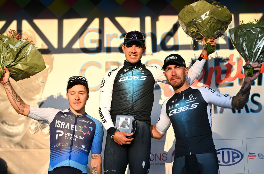 LESSINES BELGIUM MARCH 08 LR Hugo Hofsteter of Israel and Team Israel Premier Tech on second place race winner Matteo Moschetti of Italy and Team Q365 Pro Cycling and Giacomo Nizzolo of Italy and Team Q365 Pro Cycling on third place pose on the podium ceremony after the 30th Grand Prix Criquielion 2025 a 200km one day race from Ath to Lessines on March 08 2025 in Lessines Belgium Photo by Luc ClaessenGetty Images