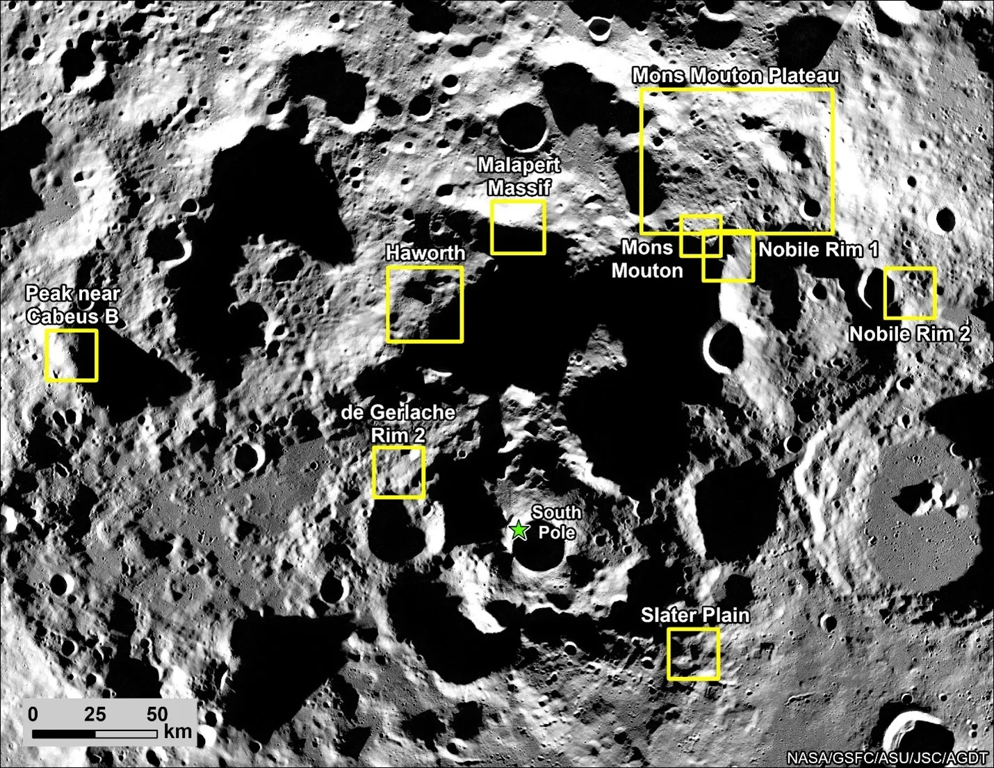 A gray rocky surface pockmarked with craters, with yellow boxes labeled around some craters.