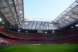 A general view shows the empty pitch before the friendly football match between The Netherlands and Germany at the Johan Cruyff ArenA in Amsterdam on March 29, 2022.