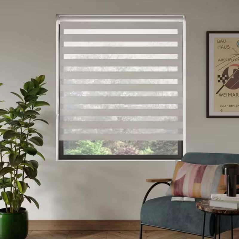 light gray day and night blind on window with white wall