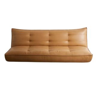 A brown leather-style sleeper sofa on a white background.