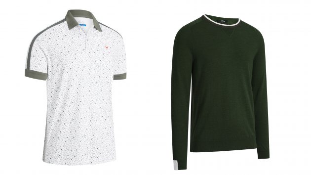 The All Over Geo Print Polo and Classic Merino Crew Sweater are part of the Callaway X collection