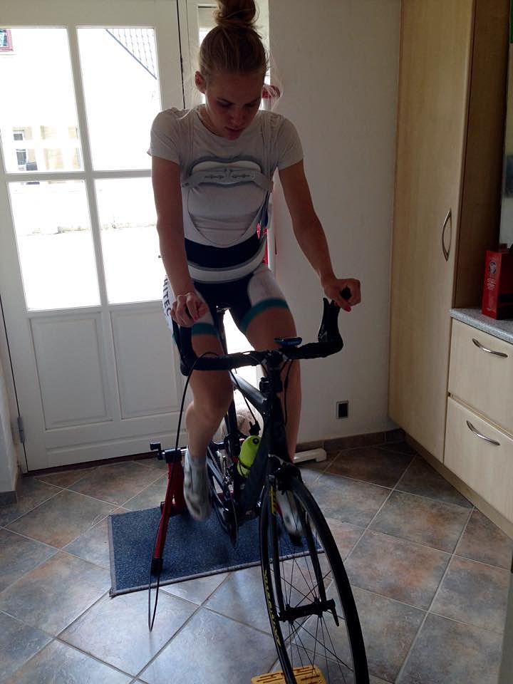 Julie Leth (Hitec Products) now rides a trainer for 15 minutes at a time