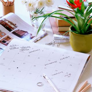 house calendar with pen and flower vase on table