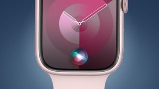 An Apple Watch on a blue background showing the Siri voice assistant