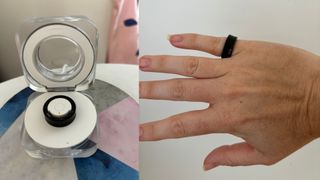 Sarah Finley testing the Samsung Galaxy Smart Ring on her little finger next to shot of ring charging in case