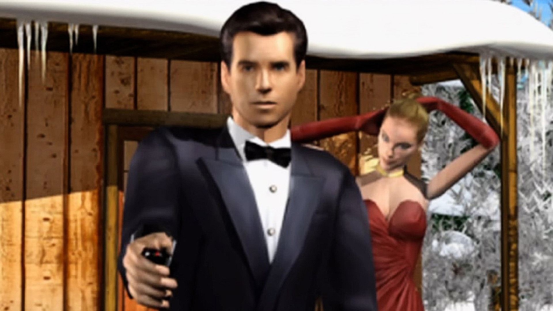 James Bond in a tuxedo holds a dongle in his hand outside a snowy cabin as Zoe, in a red gown, ties her hair up behind him in James Bond 007: Nightfire for PS2