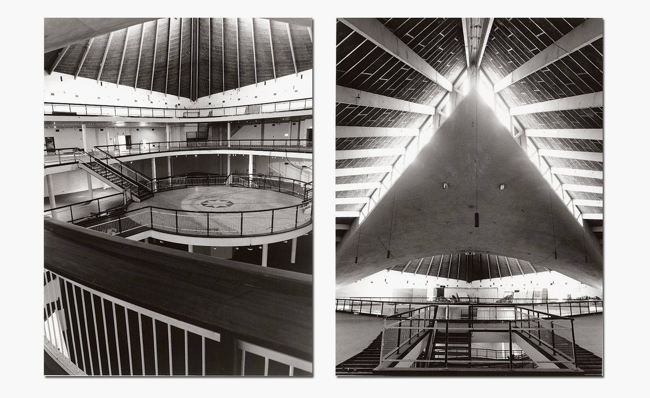 Pictured left: internal space designed by RMJM. Right: spacious interior tent like roof in geometric shape