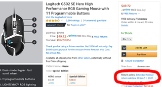 Screenshot of Amazon product listing with the return policy box highlighted