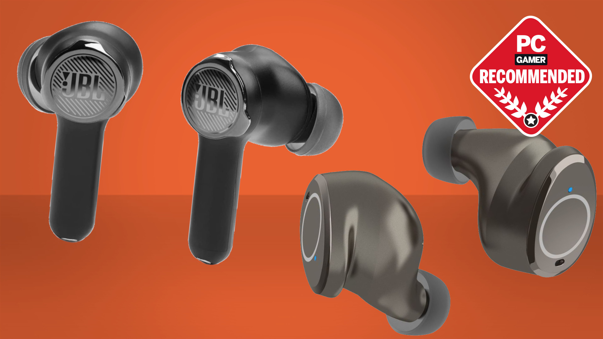 JBL and Creative earbuds on an orange background