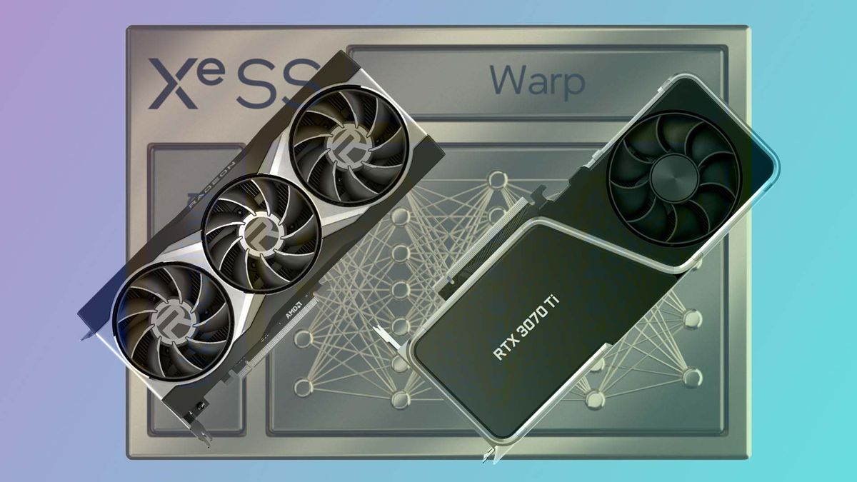 An image depicting two graphics cards, one AMD and one Intel, over the XeSS golden logo