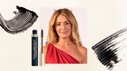 Image of Cat Deeley smiling with wavy long blonde hair behind her back and wearing a one-shoulder red gown on a beige background with mascara swatches and L'Oreal Paris' Voluminous Mascara 