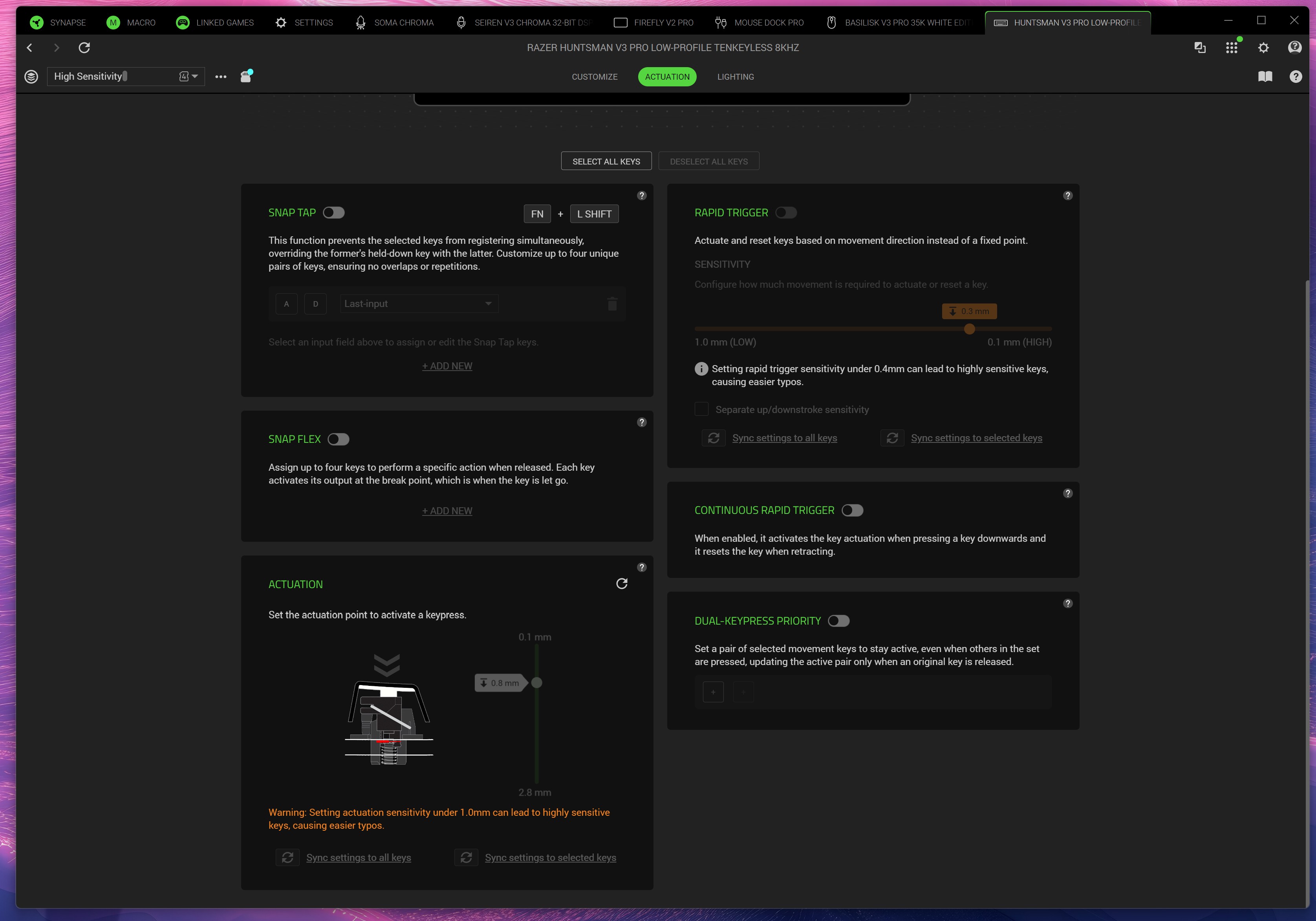 Razer Synapse actuation tab for Razer Huntsman V3 Pro Low-Profile keyboard with Snap Tap, Rapid Trigger, and actuation point settings.