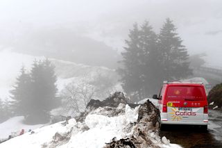 MONTE ZONCOLAN ITALY MAY 22 Team Cofidis van on a snowy view of Monte Zoncolan finish area during the 104th Giro dItalia 2021 Stage 14 a 205km stage from Cittadella to Monte Zoncolan 1730m Detail view UCIworldtour girodiitalia Giro on May 22 2021 in Monte Zoncolan Italy Photo by Stuart FranklinGetty Images