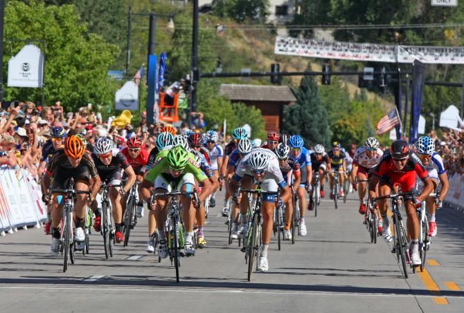 Sagan (Cannondale), centre-left, was pushed all the way by Mezgec (Argos), centre-right, and Anderson (Optum), far left