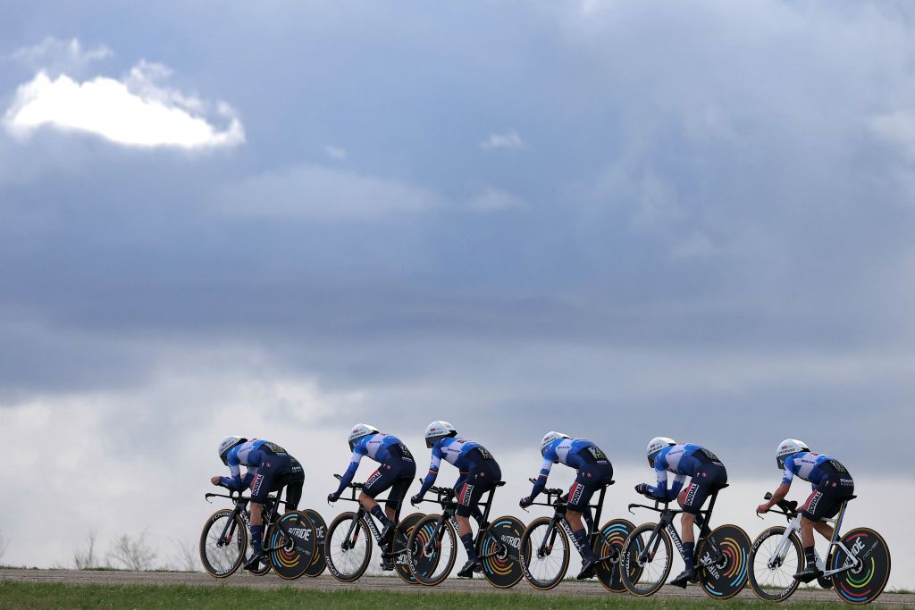 Soudal Quick&acirc;Step's team competes during the 3rd stage of the Paris-Nice cycling race, 26,9 km team time trial between Auxerre and Auxerre, on March 5, 2024. (Photo by Thomas SAMSON / AFP)