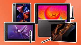 best tablets with a stylus pen; a mix of drawing tablets on an orange background