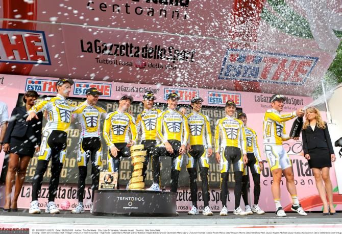 Team Colombia on the podium after claiming the 2009 Giro TTT