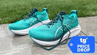 Asics Gel-Nimbus 27 unlaced next to grass