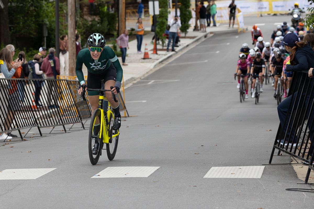 Florence Chardon (Font Cycling Guild) attacked late in the race trying to escape solo.