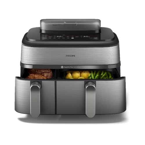 Philips Air Fryer 5000 Series Dual Basket With Steam &amp;ndash; 9l Capacity, Rapidair Plus Technology for Juicy Chicken, Crusty Bread, 19 Cooking Programs, Steam Clean Function (na555/09)