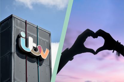 ITV logo in split layout with two hands making a heart shape in the sky