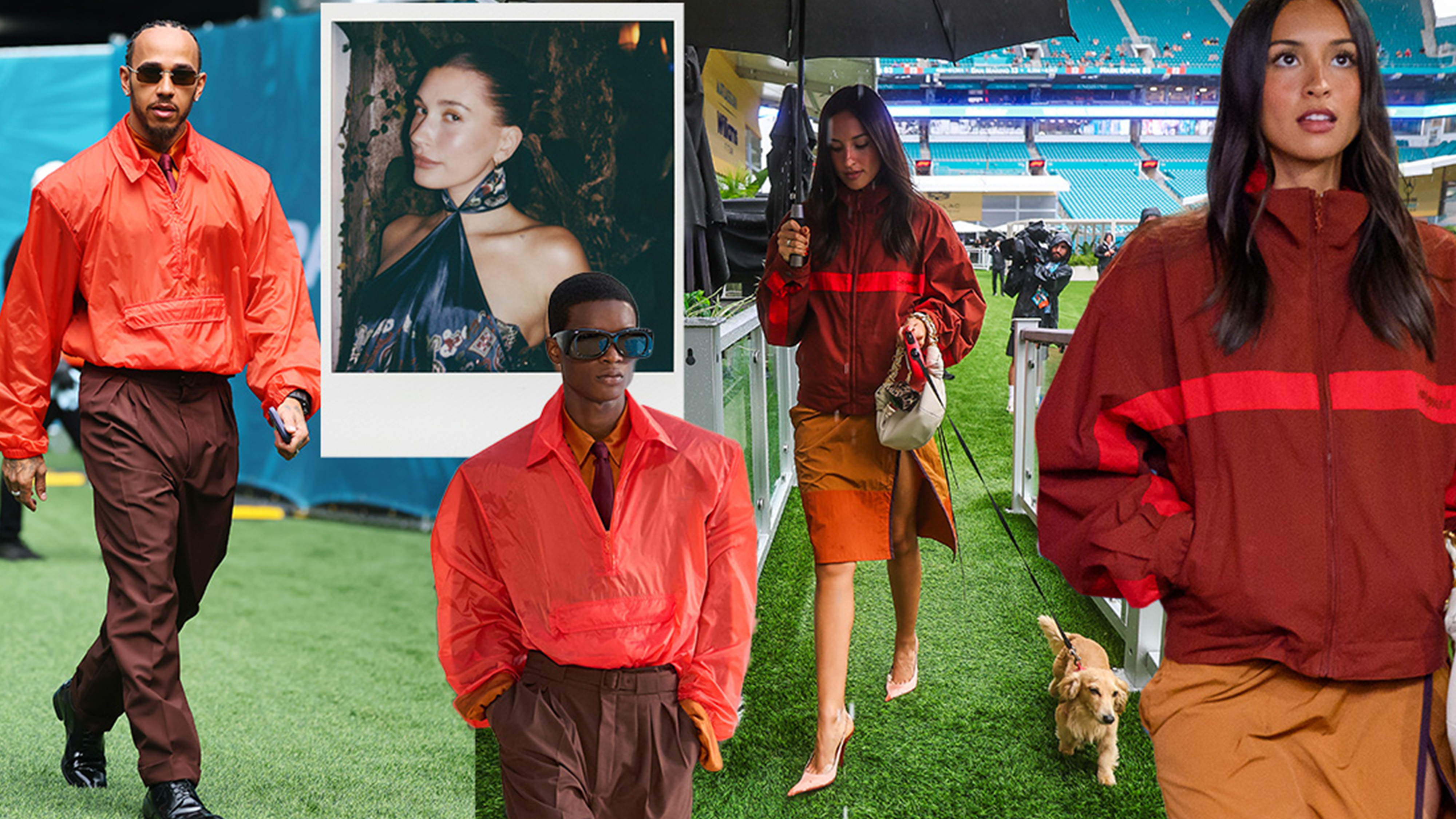 A collage featuring images of YSL looks worn throughout the 2026 Miami Grand Prix on Hailey Bieber, Lewis Hamilton, and Alexandra Leclerc.