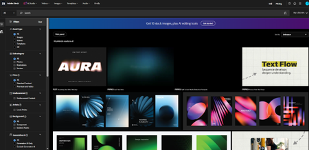 Adobe Stock main page with filters open