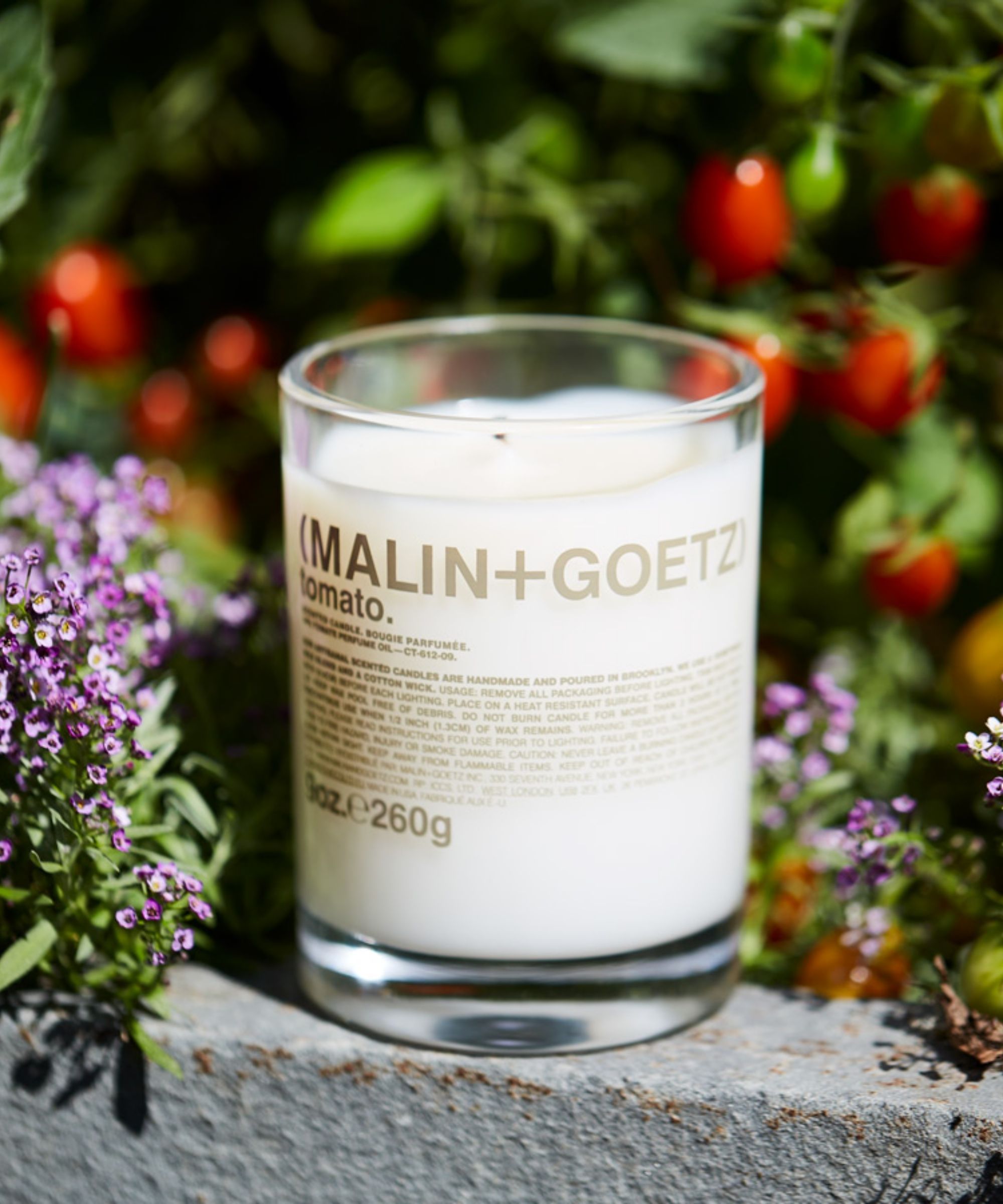 Malin+Goetz tomato candle in a glass vessel standing on a wall against a blurred garden background.