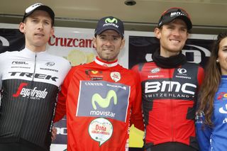 Alejandro Valverde wins the 2016 Ruta del Sol, flanked by Tejay van Garderen (right) and Bauke Mollema (left)