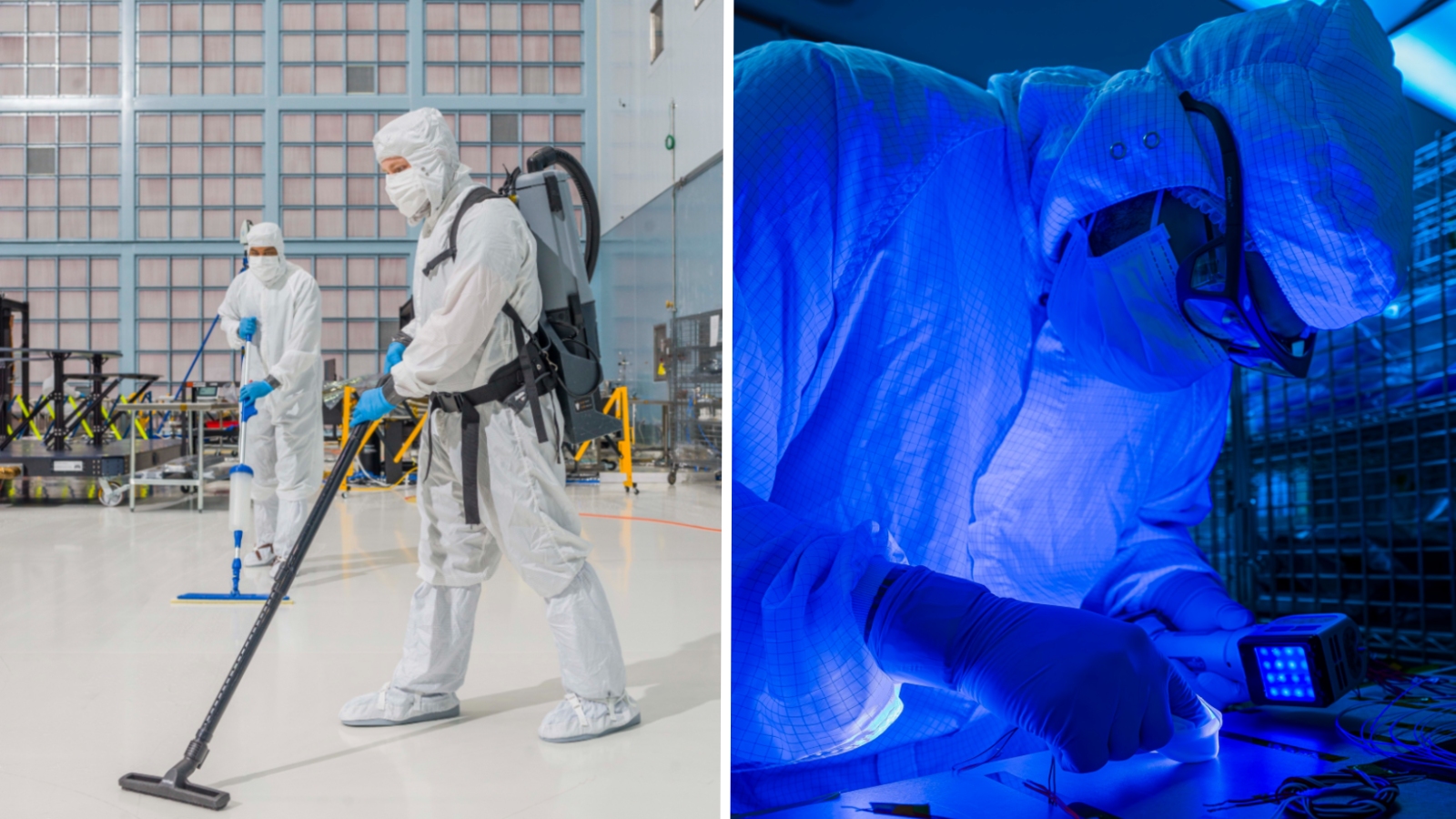 Side by side photos of people in suits hoovering a floor and scanning for microbes