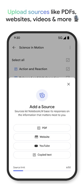 A snapshot of NotebookLM's "add a source" menu on Android, asking for PDF, website link, YouTube link, or copied text.
