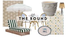 Summer 2026 Walmart outdoor decor, including two patterned patio rugs, a striped chaise lounge, French-style bistro set, fringed patio umbrella, melamine platter, planter, and wicker solar light