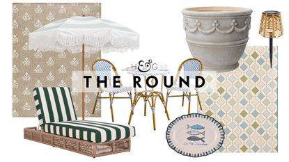 Summer 2026 Walmart outdoor decor, including two patterned patio rugs, a striped chaise lounge, French-style bistro set, fringed patio umbrella, melamine platter, planter, and wicker solar light