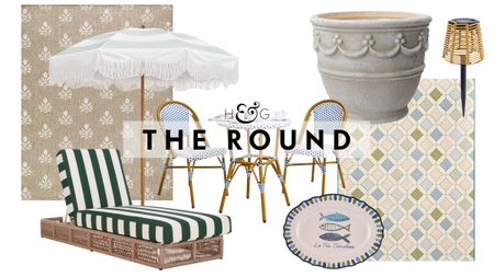 Summer 2026 Walmart outdoor decor, including two patterned patio rugs, a striped chaise lounge, French-style bistro set, fringed patio umbrella, melamine platter, planter, and wicker solar light